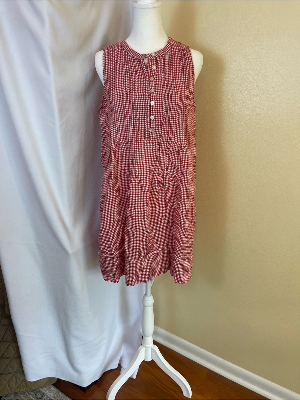 Quince 100% Linen Red Gingham Swing Dress M Pintuck Sleeveless Cottagecore